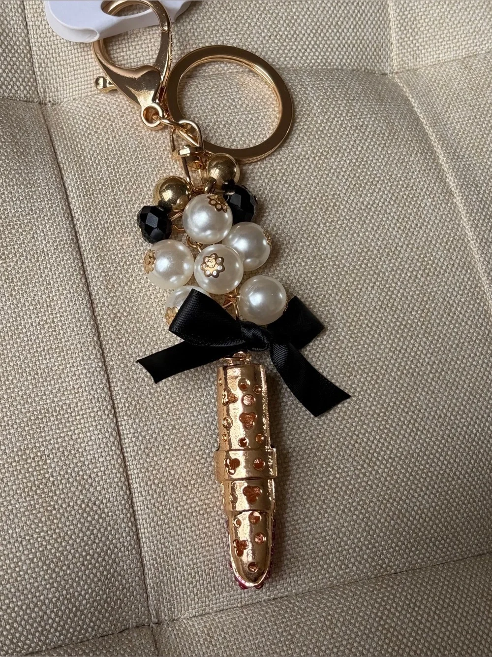 Pearl & Black Ribbon Lipstick Keychain Bag Charm